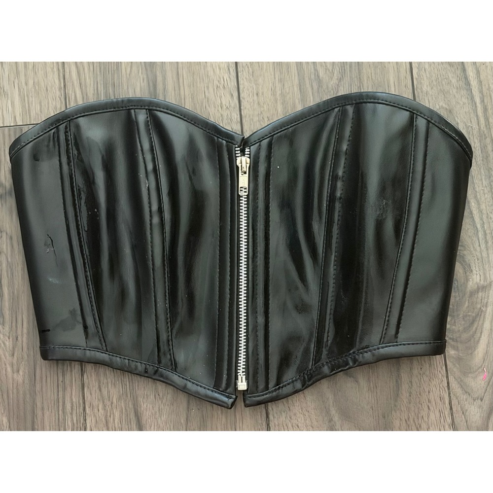 Top Drawer Daisy Corsets Black Faux Leather Boned Bustier Corset Top Size M